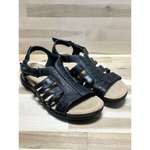 Clarks Womens April Belle Sandal Black Leather Open Toe Comfort Strappy Shoe 9.5